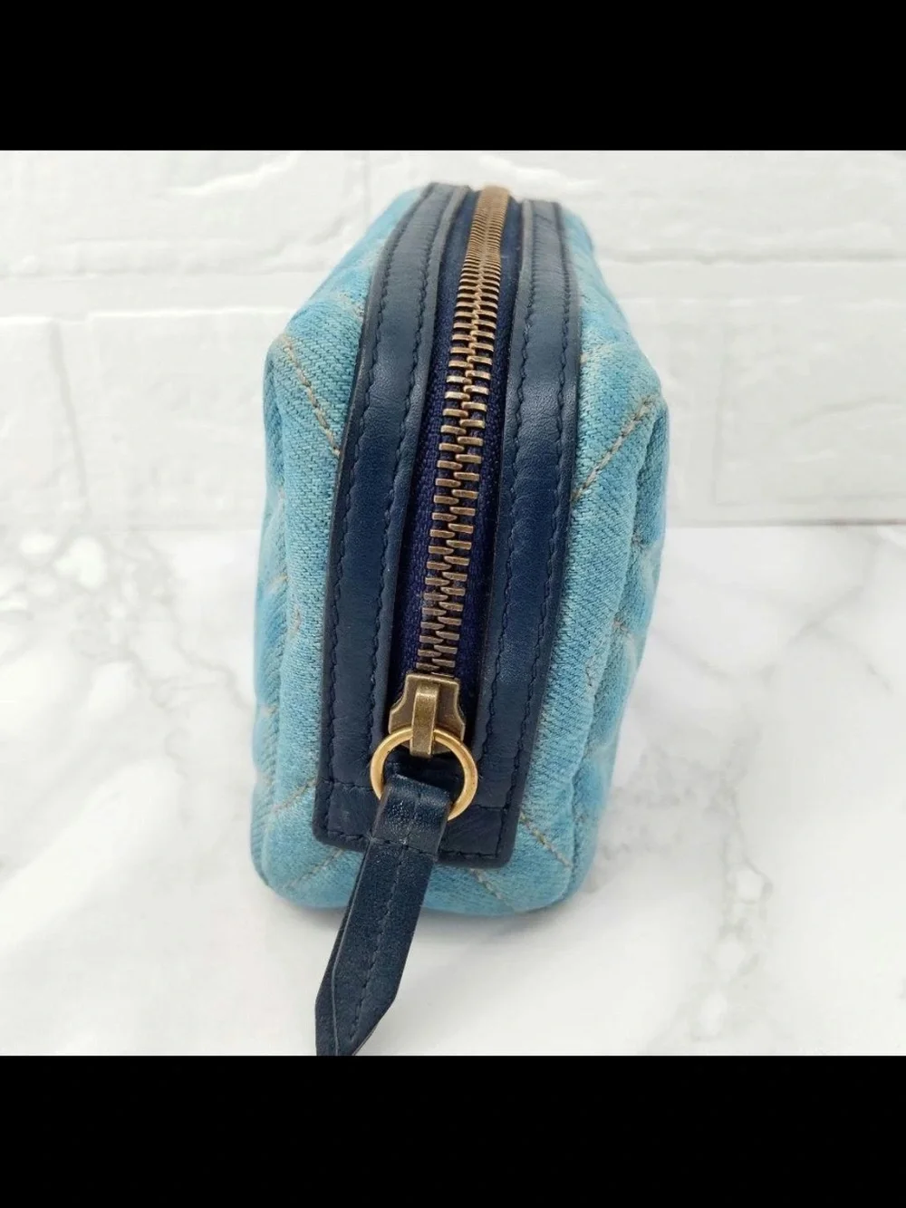 Gucci Light Blue Quilted Denim GG Pearl Cosmetic Case